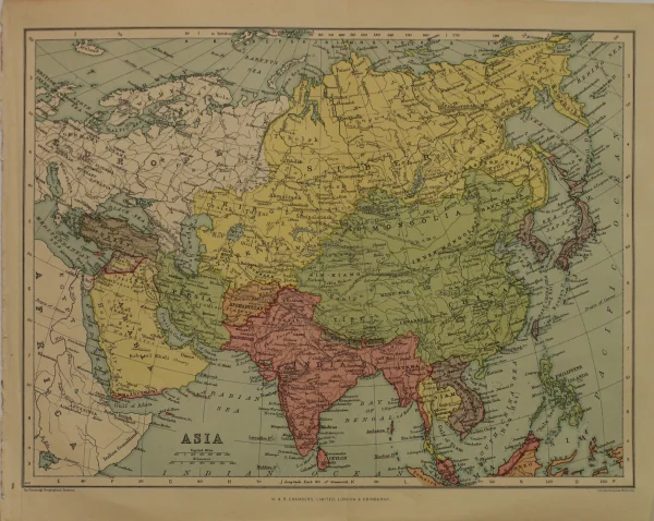 mode tendance Antiquarian Print Shop Map, Asia, The Edinburgh Geographical Institute, John Bartholomew And Sons Ltd, W & R Chambers, 1