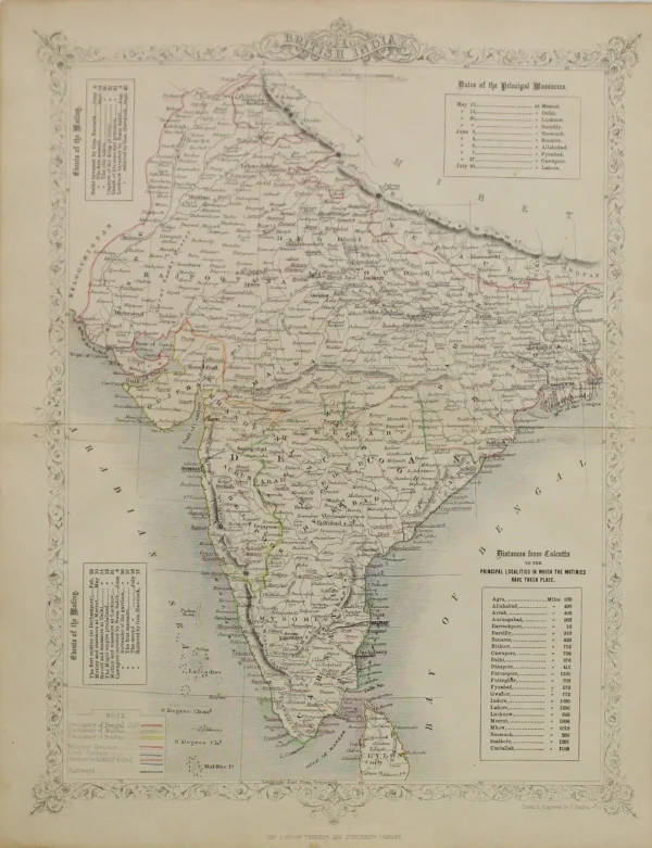 Livraison gratuite Antiquarian Print Shop Map, Tallis John, British India, C1851, Dates, Localities And Events Of Massacres And Mutiny 1