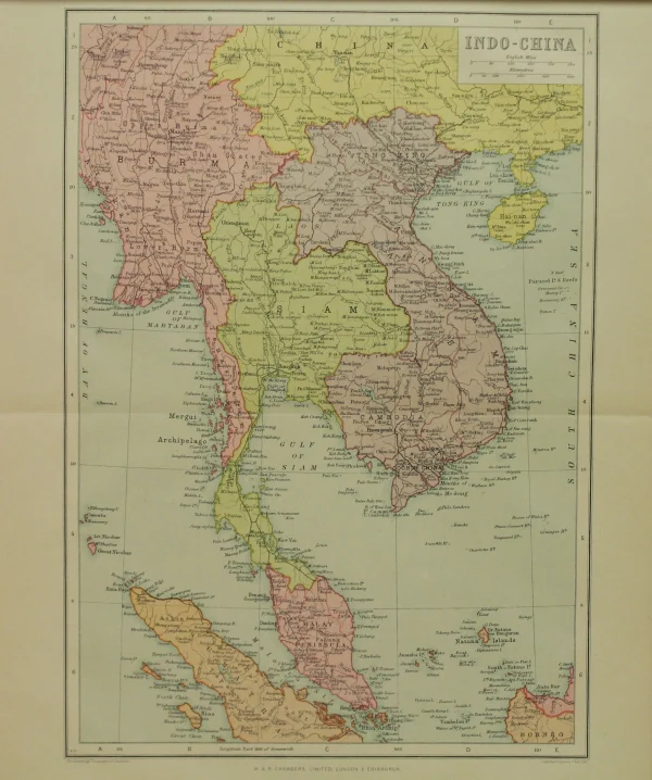 Antiquarian Print Shop Map, Indo China, The Edinburgh Geographical Institute, John Bartholomew And Sons Ltd, W & R Chambers, se précipiter pour acheter 1