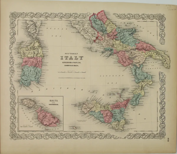 mode Antiquarian Print Shop Map, Colton J H, Southern Italy, Kingdom Of Naples Sardinia And Malta, #19, C1855 1