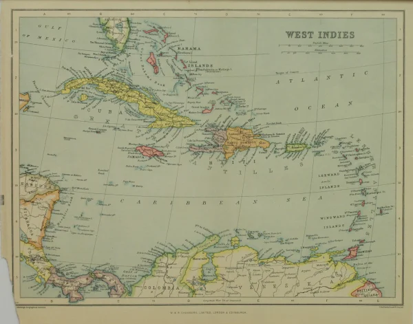 Antiquarian Print Shop Map, West Indies, The Edinburgh Geographical Institute, John Bartholomew And Sons Ltd, W & R Chambers, Livraison Standard/Rapide 1