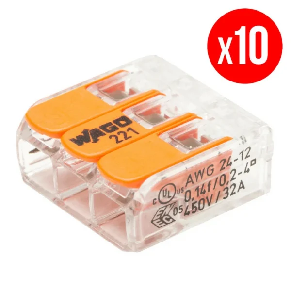 Pack De 10 Bornes De Connexion Rapide à Levier WAGO 3 Entrées Fil Souple Et Rigide – S221 REMISE 1